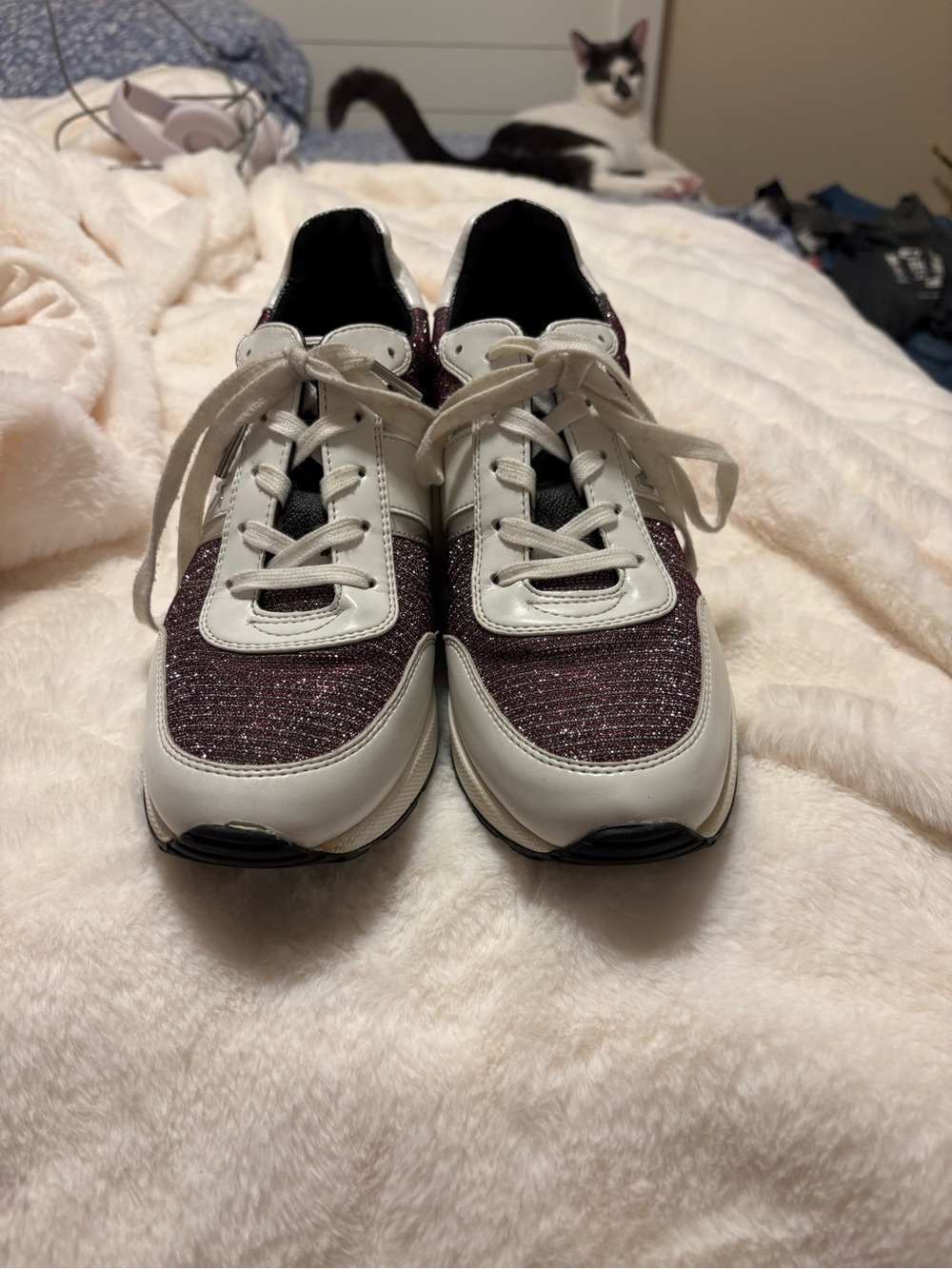 Michael Kors White and Plum Glitter Lace-Up Sneakers